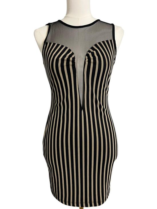 XXI Dresses & Skirts - XXI Bodycon Mini Dress Juniors M Black Striped Mesh Sheer Illusion Party Club